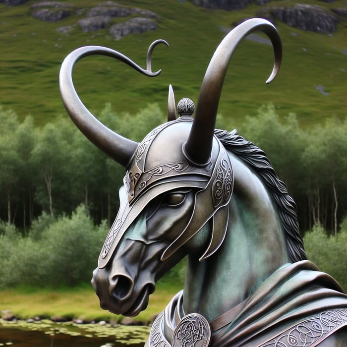 Equine Statue in Loki's Horned Helmet - Mythical Norse Symbol | Sculpture Art