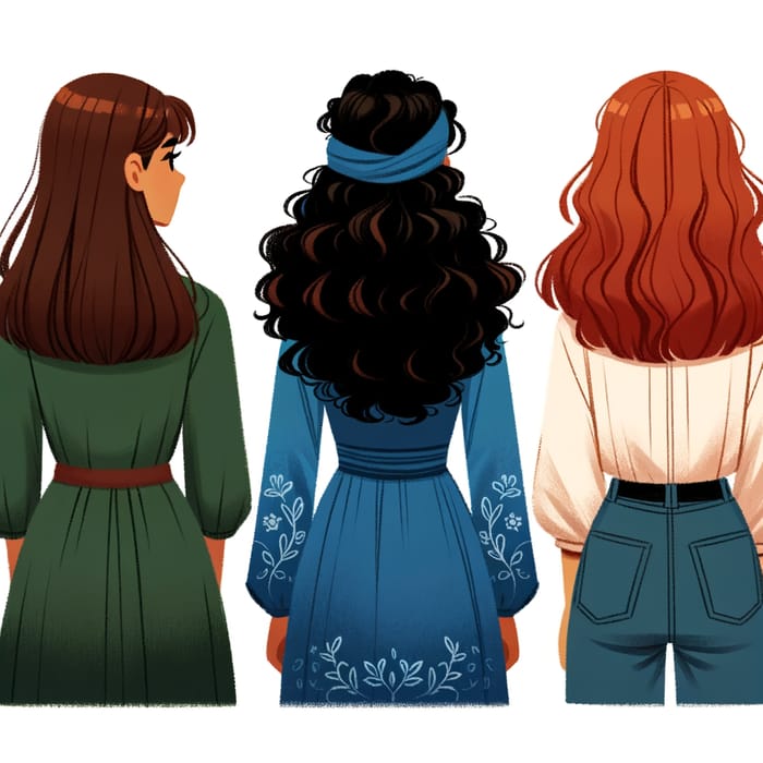 Three Diverse Girls with Different Ethnicities Back View