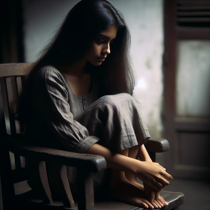 Melancholic South Asian Girl Alone on Antique Wooden Chair