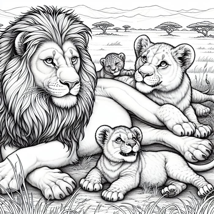 Lion and Family Coloring Page - Beautiful Scene for Kids