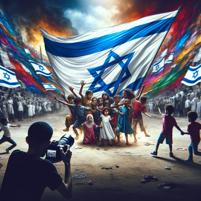 Resilient Unity: Vibrant Flag of Israel with Expressive Children