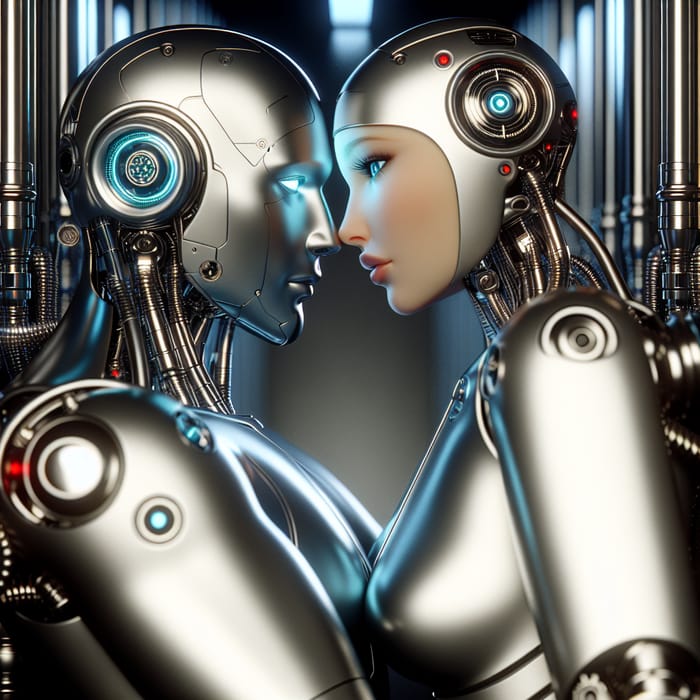 Futuristic Female and Male Robot Kissing Scene