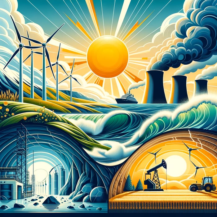 Diverse Energy Sources Illustration: Solar, Hydro, Wind & More