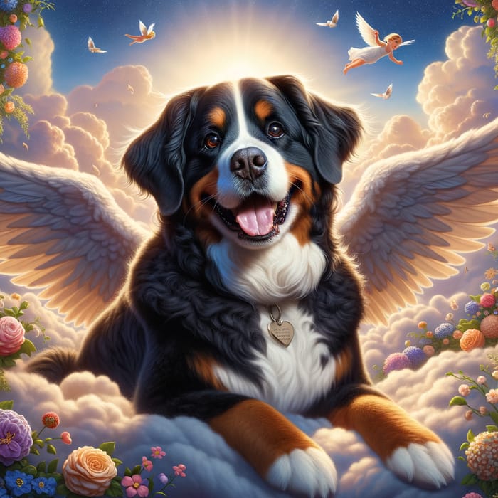 Whimsical Elderly Female Bernese Dog with Angelic Wings on a Magical Cloud