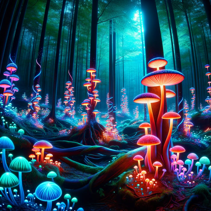 Neon-Hued Mystical Forest with Enchanting Creatures