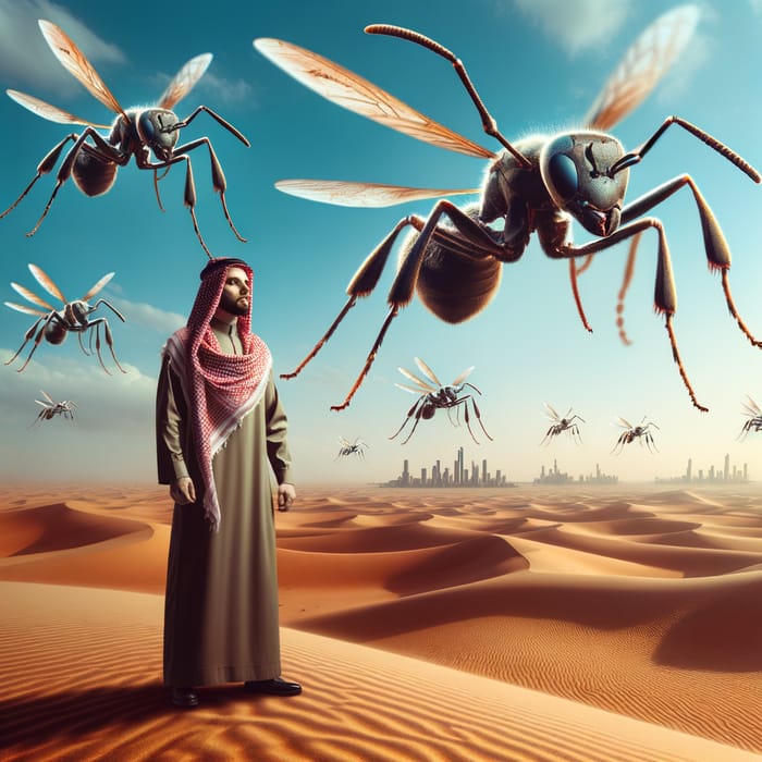 Surreal Desert Scene: Man Stands Tall Among Ant-Carrying Drones