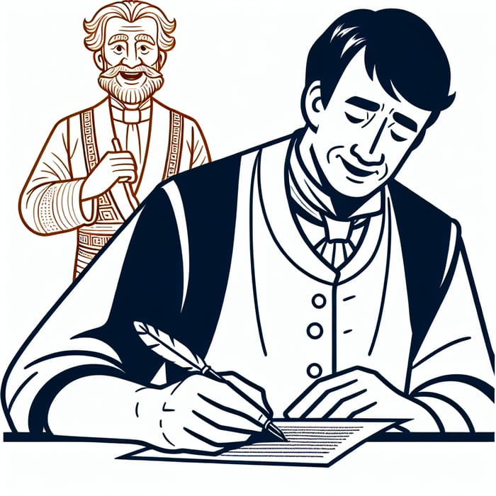 Amusing Cartoon of Middle-Aged Man Writing with Unconventional Figure