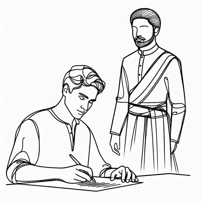 Simple Line Drawing of Middle-Aged Man Writing with Vesti Sattai