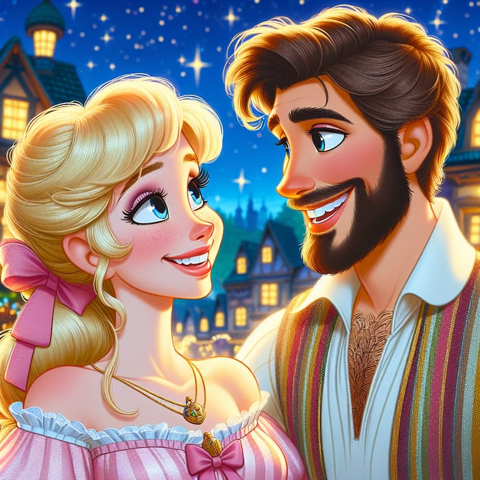 Enchanting Fairy Tale Moment: Blonde Woman & Brunette Man Embracing in Magical Fantasy Scene