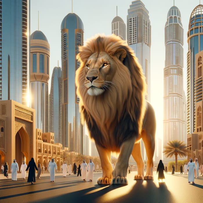 Majestic Lion Roaming Dubai Cityscape | Wildlife Art