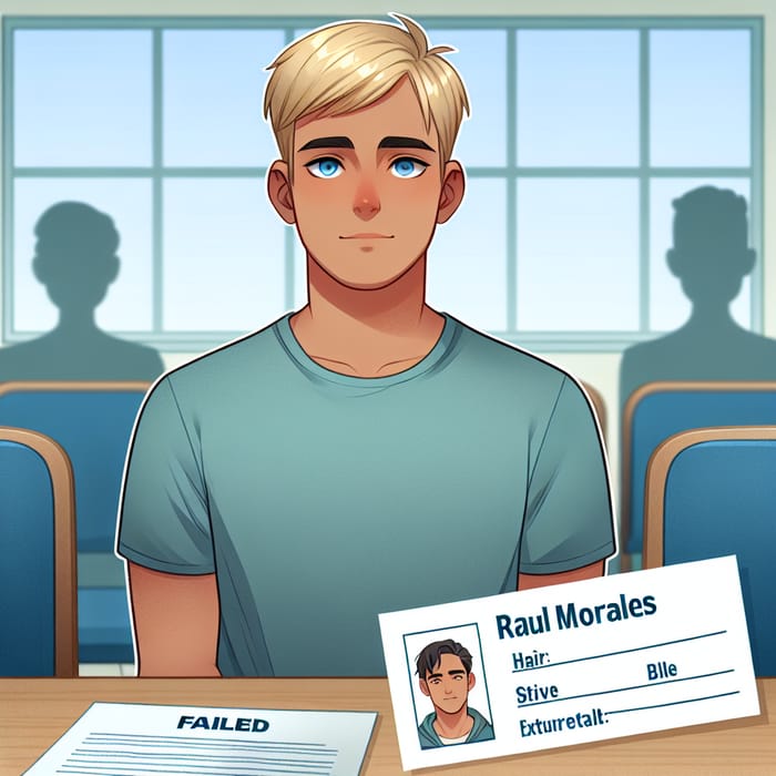 Illustration of Raul Morales Failing Exam | 176cm Tall, Slender, Straight Blonde Hair