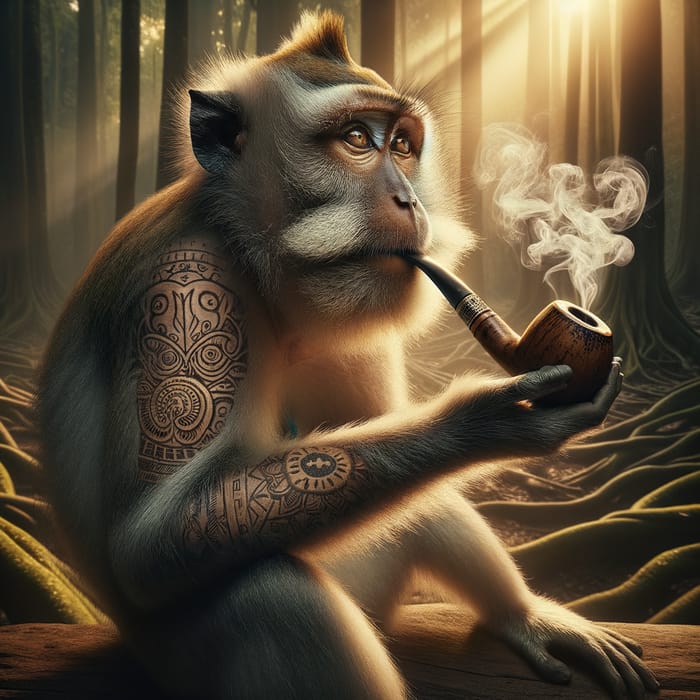 Wisdom in Smoke: Majestic Monkey Tattoo in Ancient Jungle