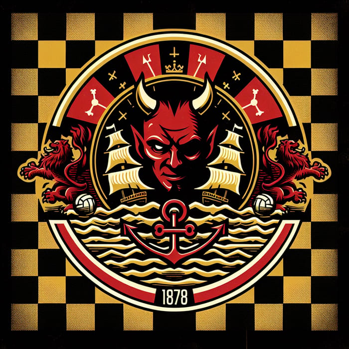 Manchester United Emblem: Red Ship, Lion, Checkerboard Design 1878