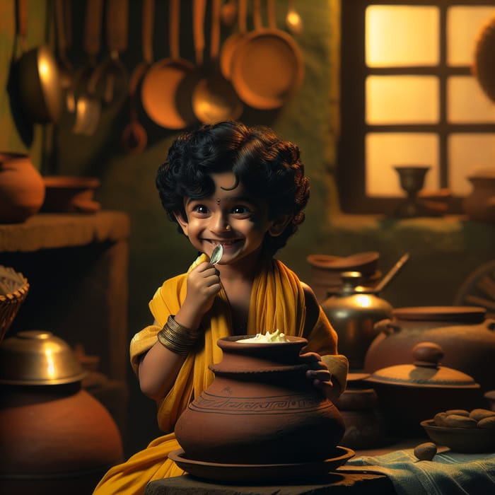 Enchanting Scene of a South Asian Boy Enjoying Makhan in Traditional Kitchen