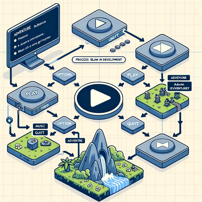 Detailed Game Development Process Flow: Unity Hub, Adventures, Gameplay