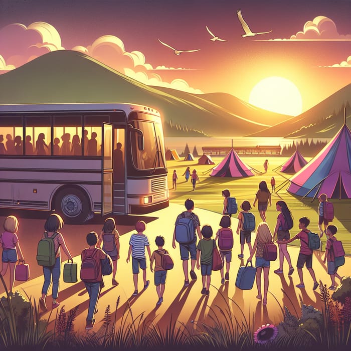 Kids Boarding Bus: Tranquil Summer Camp Sunset View