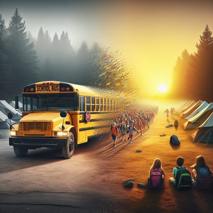 Bright Yellow School Bus at Sunrise: Kids Boarding in Dream-like Scene