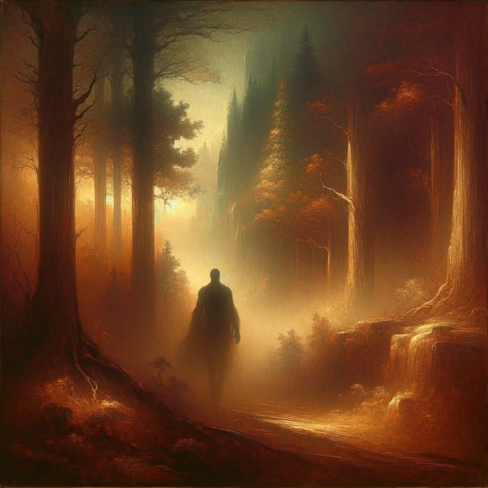Enigmatic Figure Vanishing into Mist - Fantasy Forest Painting
