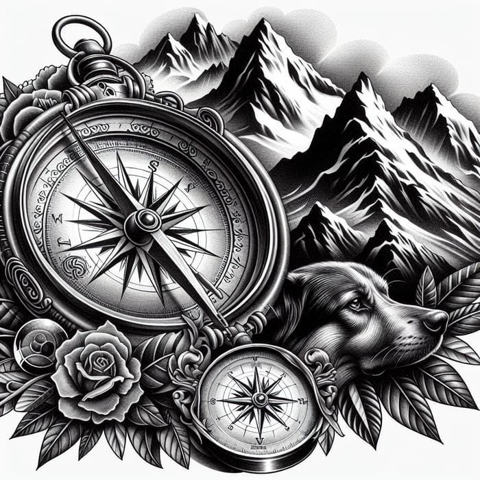 Intricate Compass Tattoo with Mountain and Dog Details