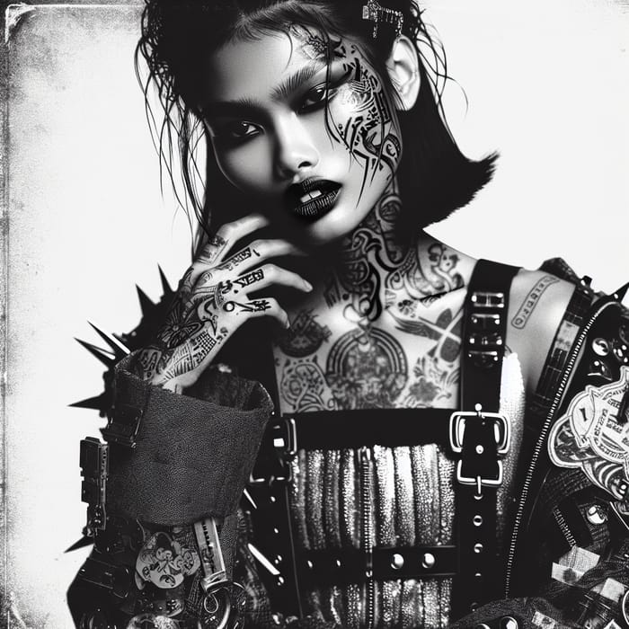 Edgy South Asian Tattooed Woman in Black and White Photo