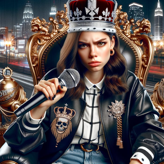 Reigning Hip-Hop Empress with Royal Crown & Mic | City Skyline