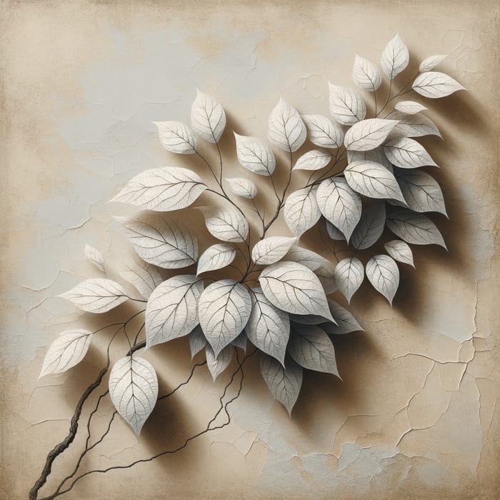 White Large Leaves on Branch, Beige Textured Background