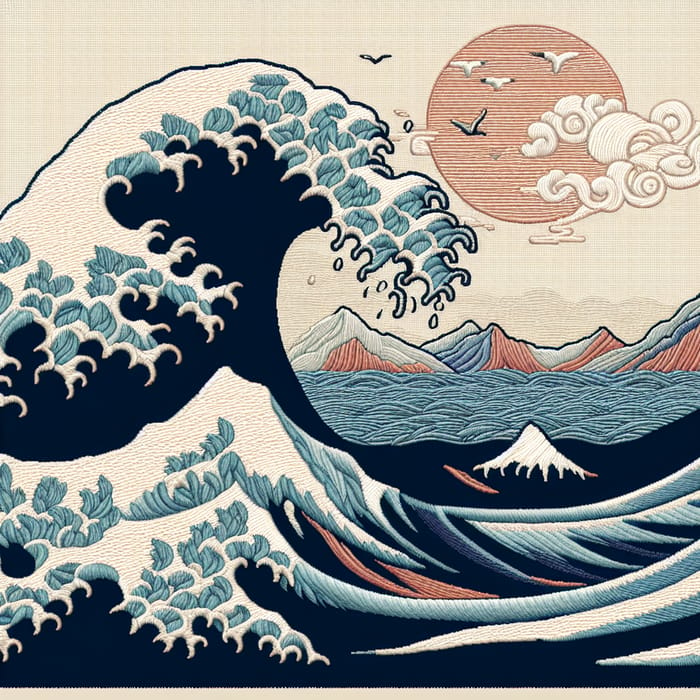 Minimalist Embroidery of The Great Wave - Colorful Design