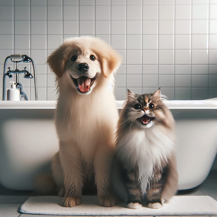 Hyper Realism: Joyous Fluffy Cat and Dog in Bathtub