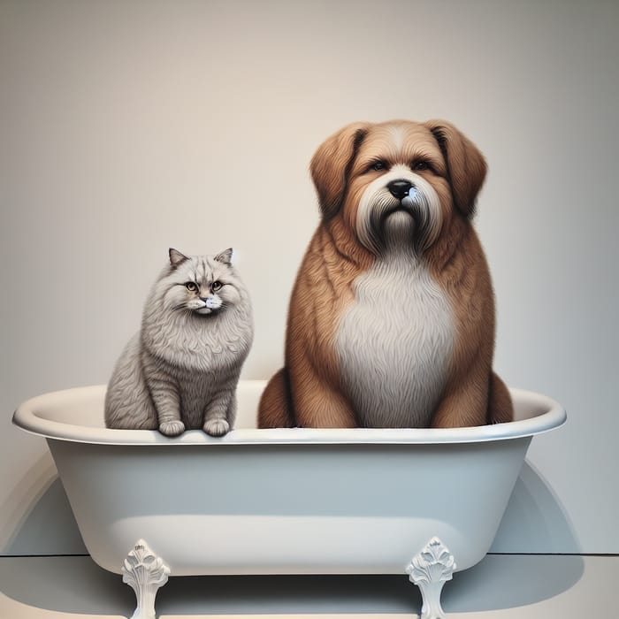 Fluffy Cat and Dog in Bathtub, Hyper Realism