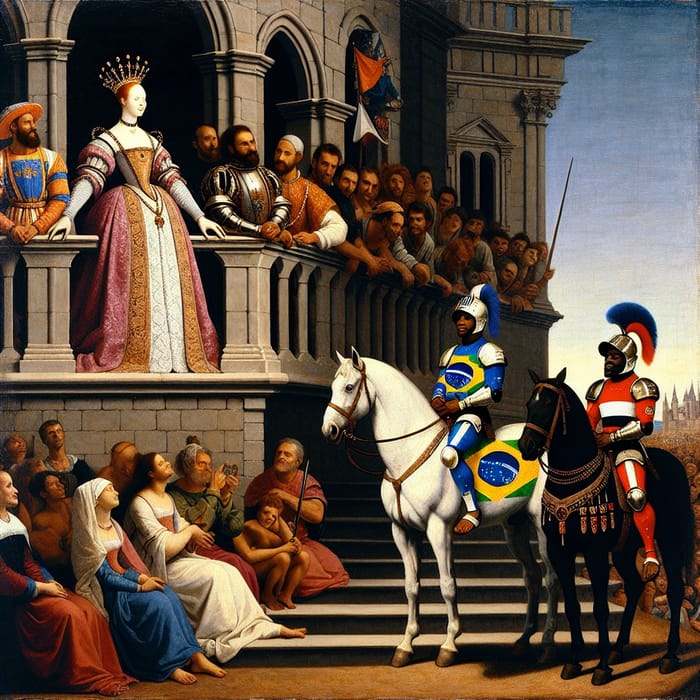 Queen on Castle Balcony with Diverse Knights and Audience