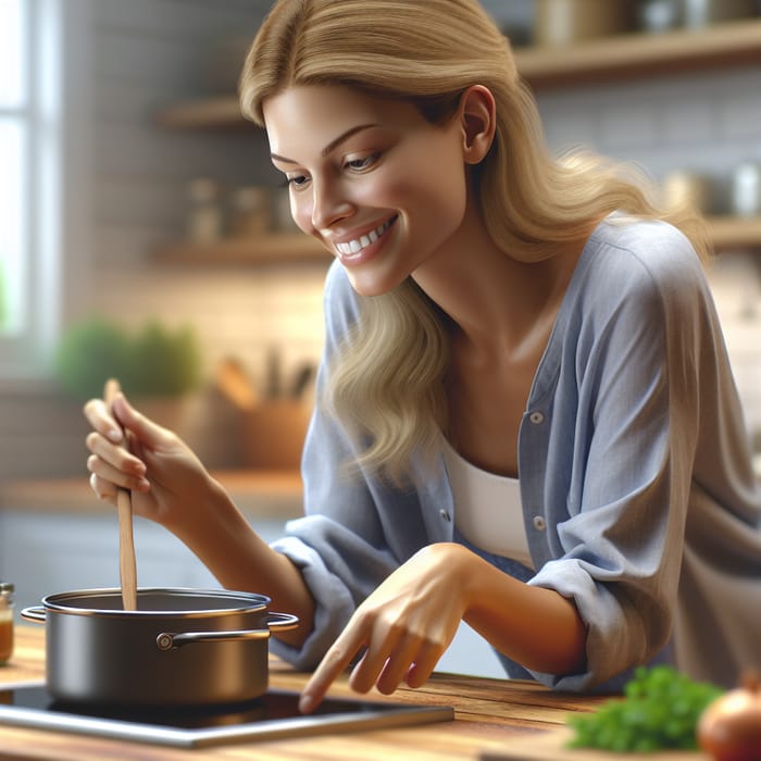 Happy Blonde Woman Cooking with Focus and Joy