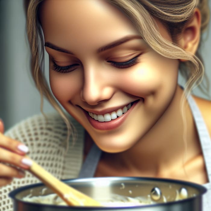 Happy Blonde Woman Cooking with Focus