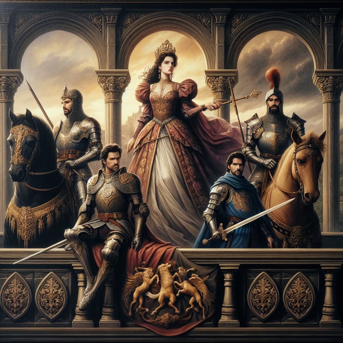 Renaissance Queen and Knights Artwork in Majestic Castle Scene