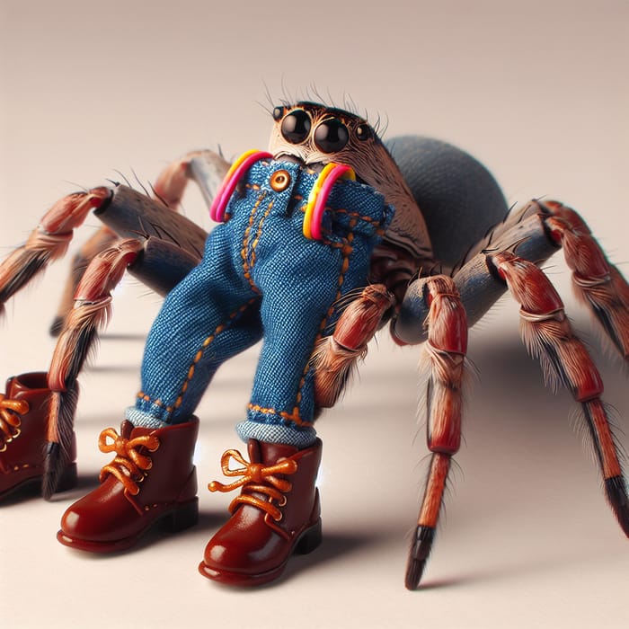 Stylish Spider in Blue Jeans, Braces, and Brown Boots