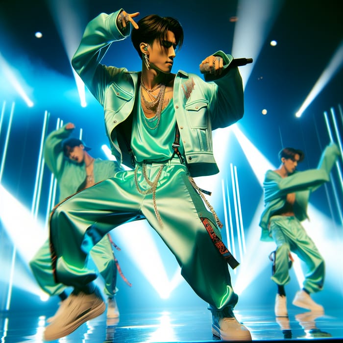 Captivating Korean Idol in Vibrant Mint Green Hiphop Performance Outfit