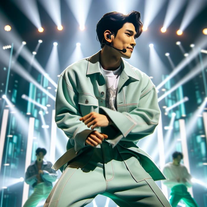 Captivating Korean Idol in Mint Green Hip-hop Performance Outfit