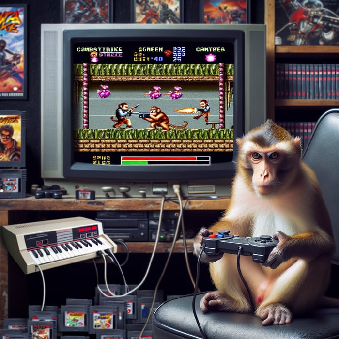 Monkey Playing Retro 2D Shooting Game Scene