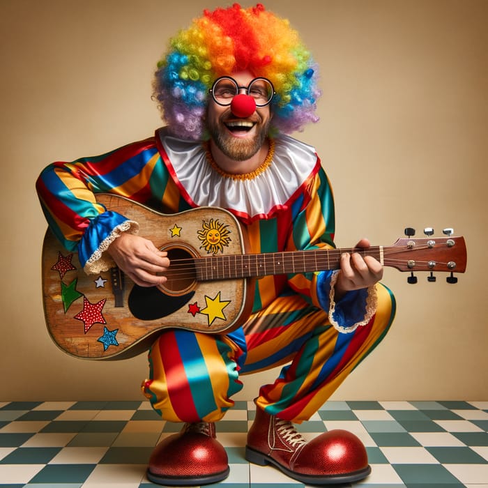 Colorful Clown Guitarist Performing with Joy