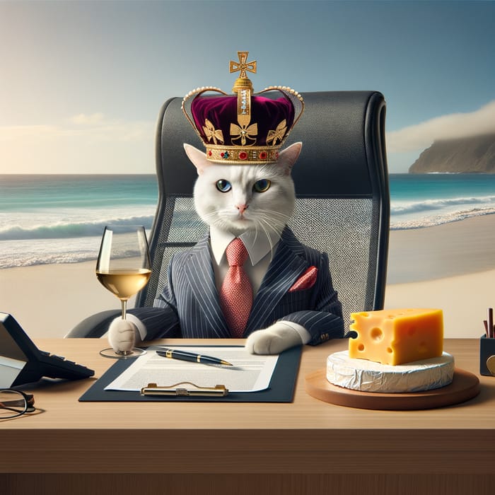 Sophisticated Cat in Office Attire on Beach with Crown and Wine Glass