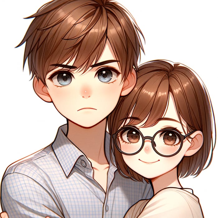 Serious Boy with Light Brown Hair Embracing Smiling Girl with Short Brown Hair and Glasses | Heartwarming Moment