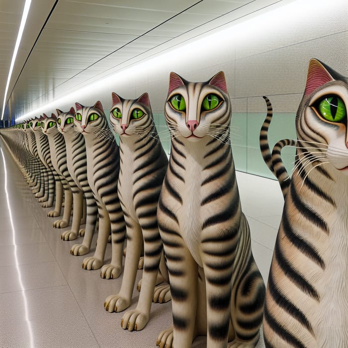 Glowing Green-Eyed Felines with Striped Fur in Art Deco Setting