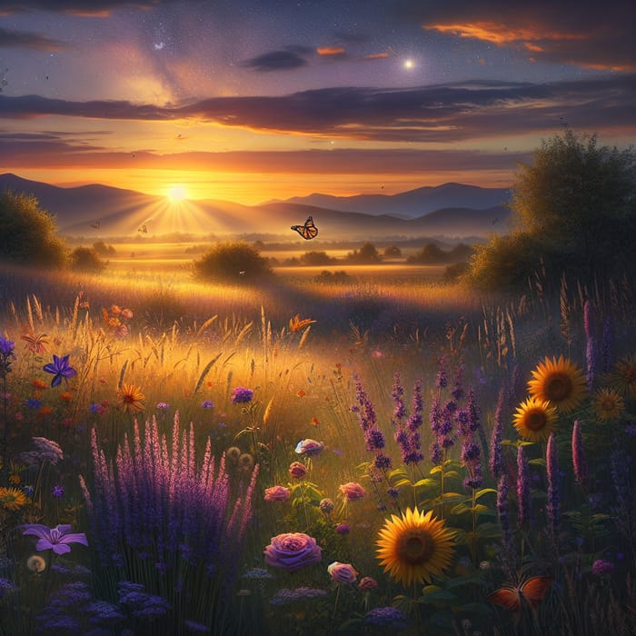 Tranquil Meadow at Sunset | Lavender, Sunflowers, Monarch