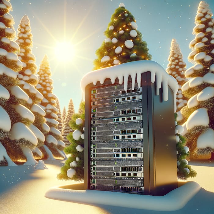 Snow-Covered Tech Servers Among Christmas Tree in Sunlight