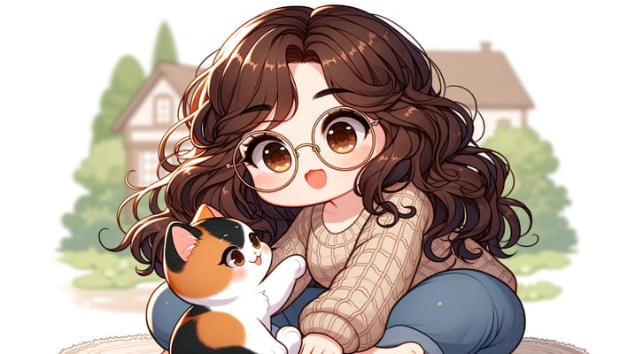 Chubby Brunette Anime Character with Wavy Hair & Cute Calico Cat