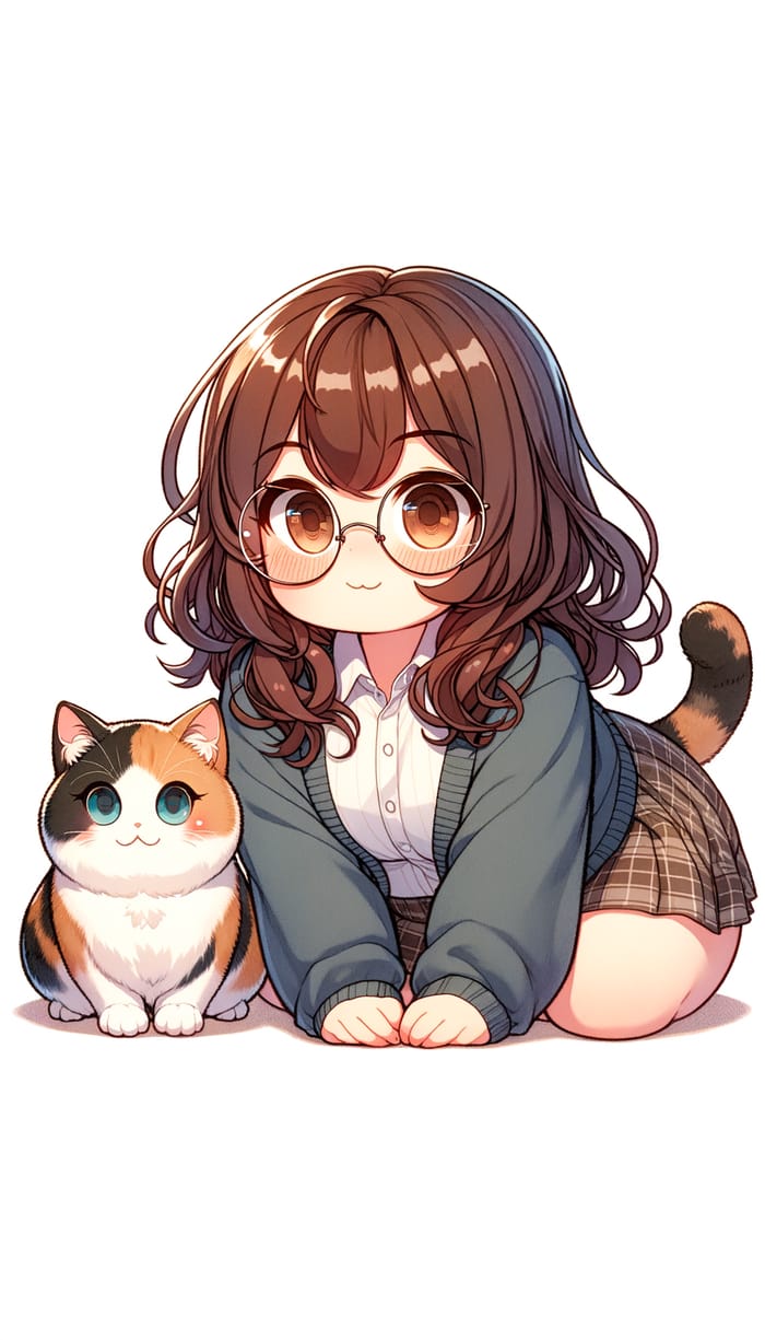 Chubby Anime Brunette with Wavy Hair, Big Glasses & Calico Cat