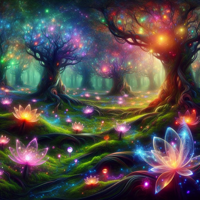 Magical Forest Scene | Vibrant Flowers, Ancient Trees