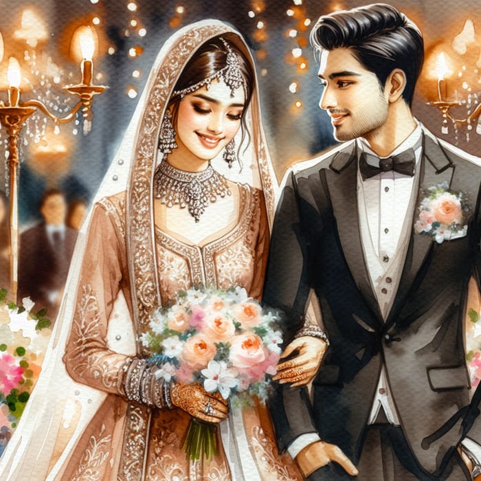 Watercolor Painting of Joyful Bride and Groom Wedding Scene