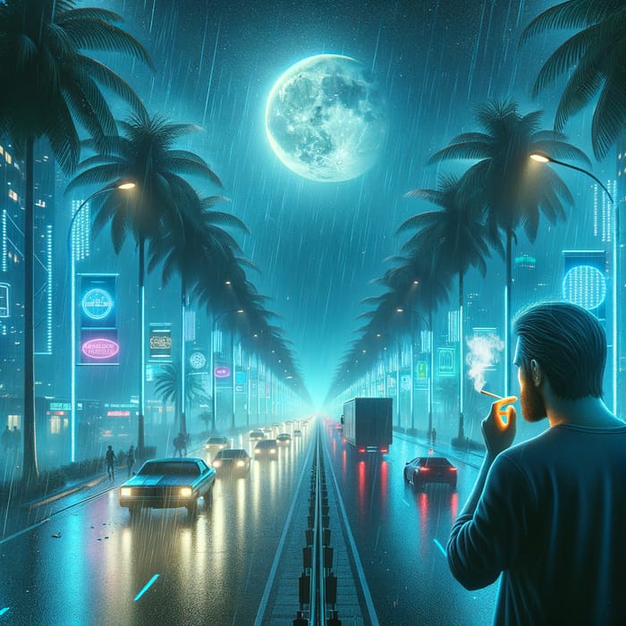 Night Scene with Man Smoking, Moonlight, Neon Lights, and Palm Trees