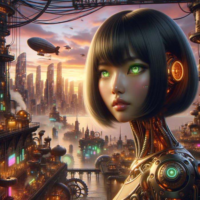 Futuristic Green-Eyed Silk-Haired Girl in Cyberpunk Steampunk World