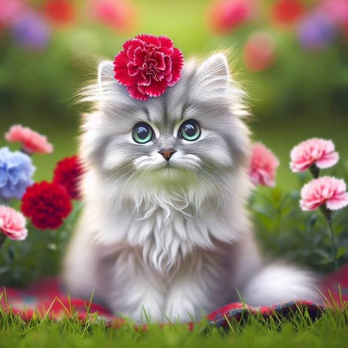 Adorable Fluffy Grey Cat with Red Carnation in Serene Garden